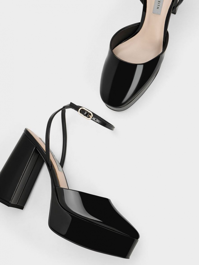 Charles & Keith Jemma Patent Platform Ankle-Reima Pumps Svarte | QHINJ4861