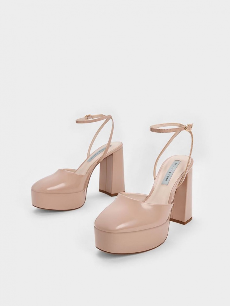 Charles & Keith Jemma Patent Platform Ankle-Reima Pumps Beige | DCEAS2764