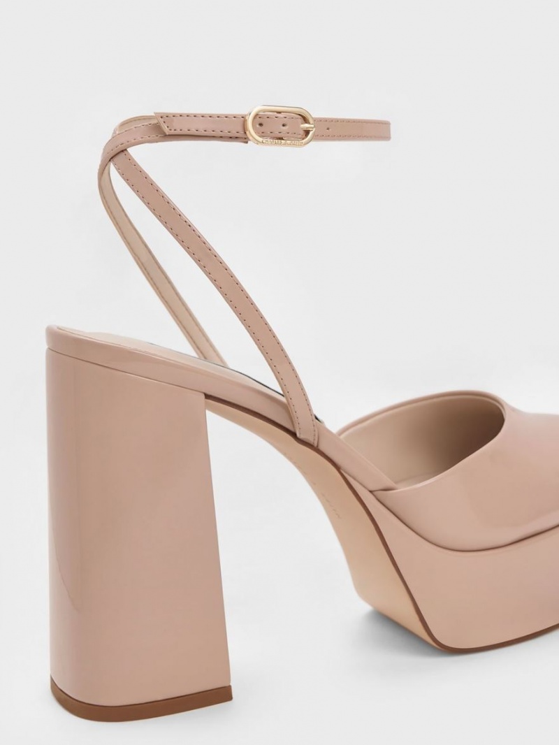 Charles & Keith Jemma Patent Platform Ankle-Reima Pumps Beige | DCEAS2764