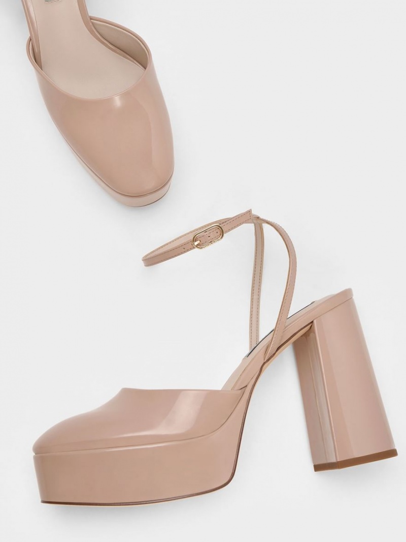 Charles & Keith Jemma Patent Platform Ankle-Reima Pumps Beige | DCEAS2764