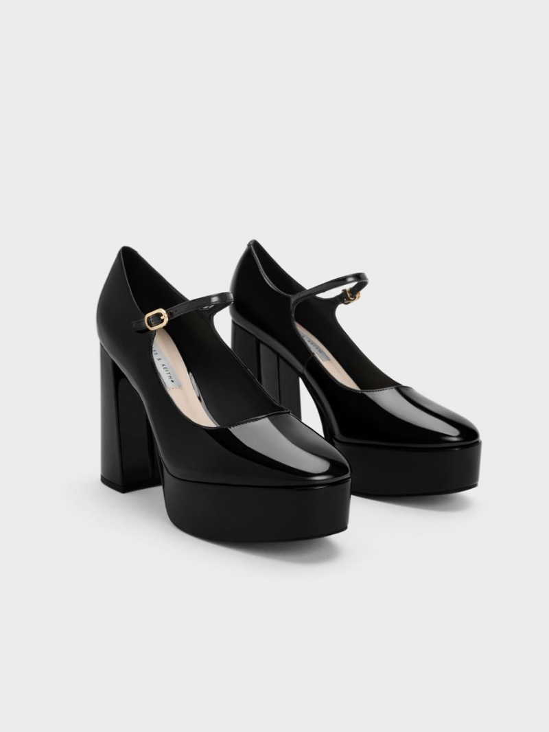 Charles & Keith Jemma Patent Platform Mary Jane Pumps Svarte | WTDFS3976