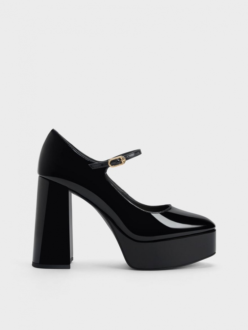 Charles & Keith Jemma Patent Platform Mary Jane Pumps Svarte | WTDFS3976