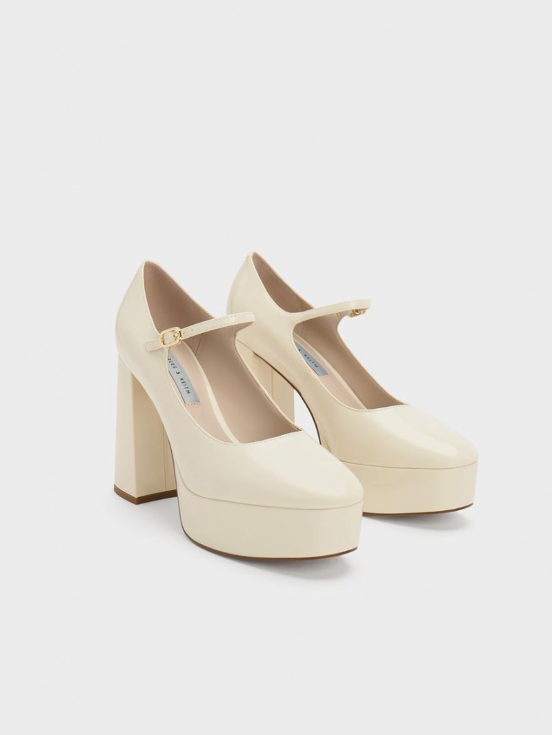 Charles & Keith Jemma Patent Platform Mary Jane Pumps Pisket Krem | XBDIZ2863