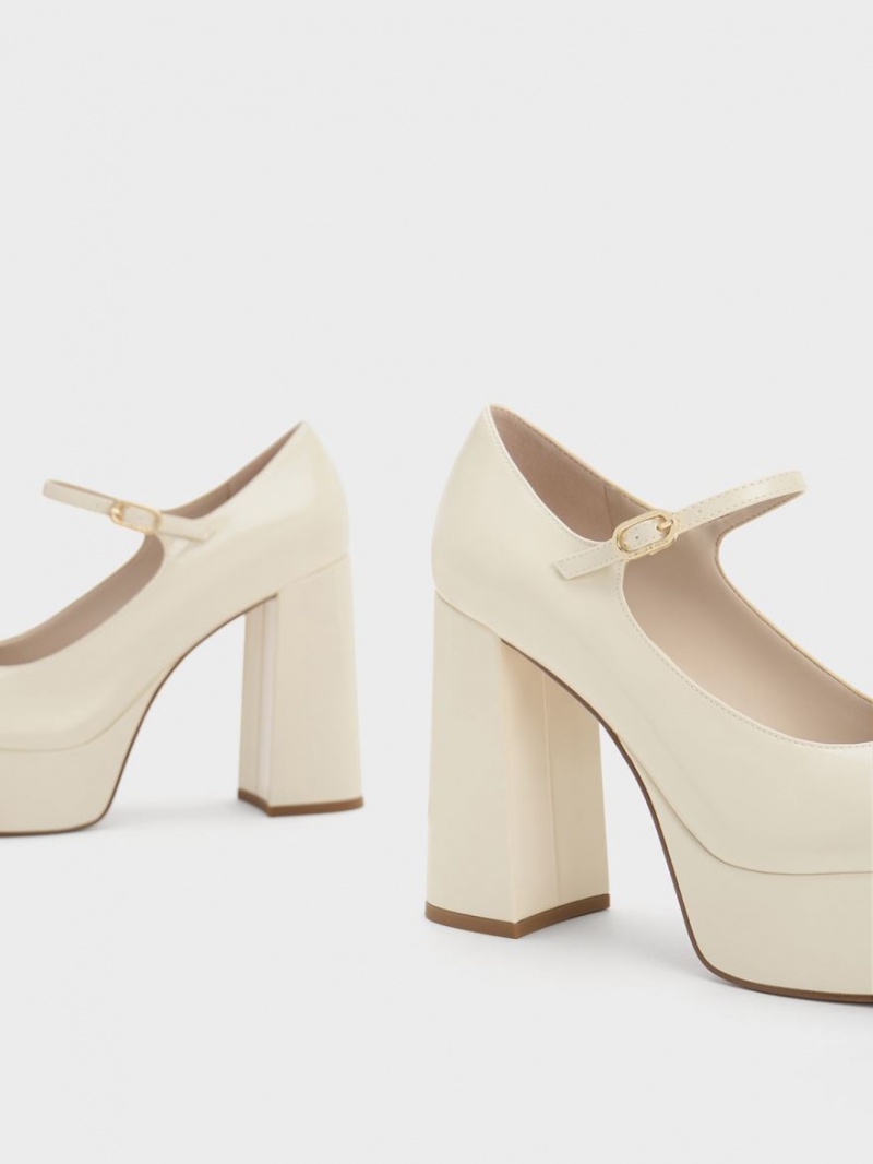 Charles & Keith Jemma Patent Platform Mary Jane Pumps Pisket Krem | XBDIZ2863