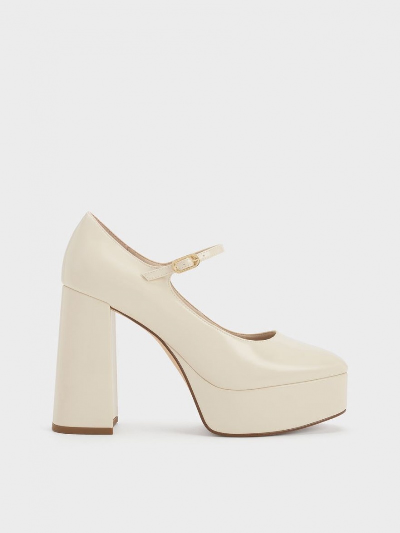 Charles & Keith Jemma Patent Platform Mary Jane Pumps Pisket Krem | XBDIZ2863