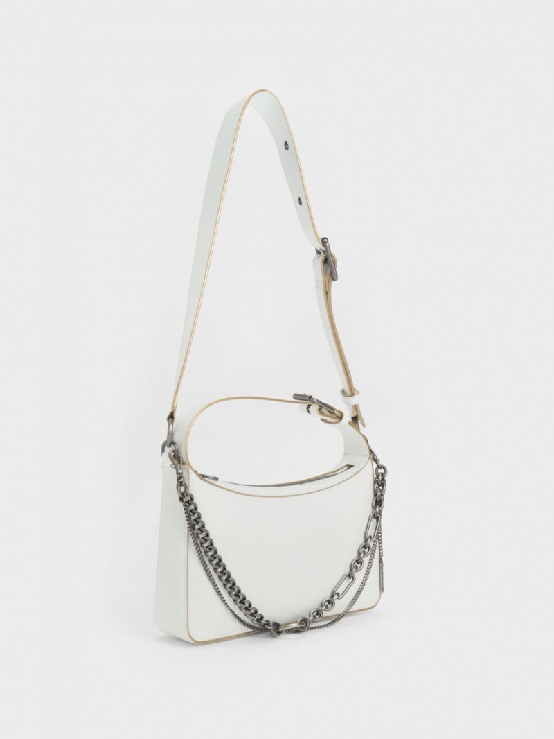 Charles & Keith Jules Lær Chain-Embellished Tote Veske Hvite | WLYNX8435