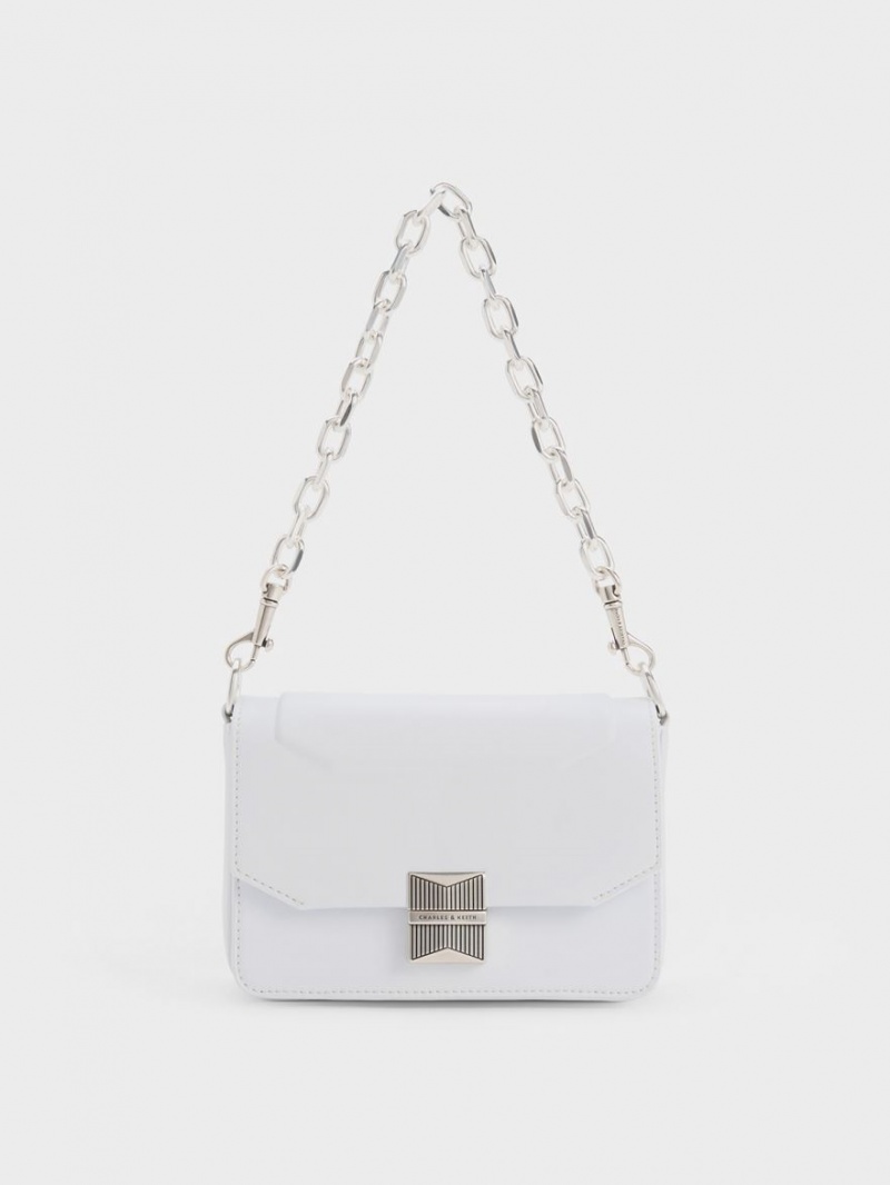 Charles & Keith Kalinda Metallic Accent Boxy Skulderveske Hvite | RZHTC1704