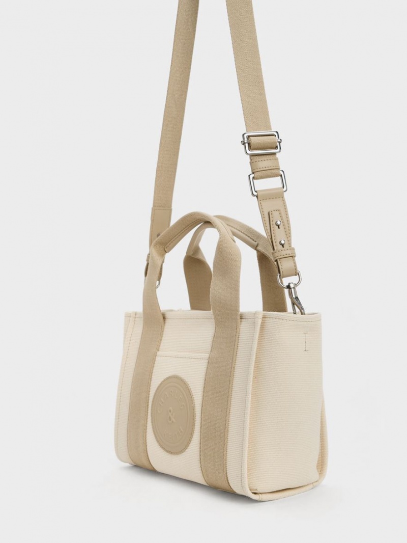 Charles & Keith Kay Canvas Contrast-Trim Tote Veske Beige | RZBXE4217