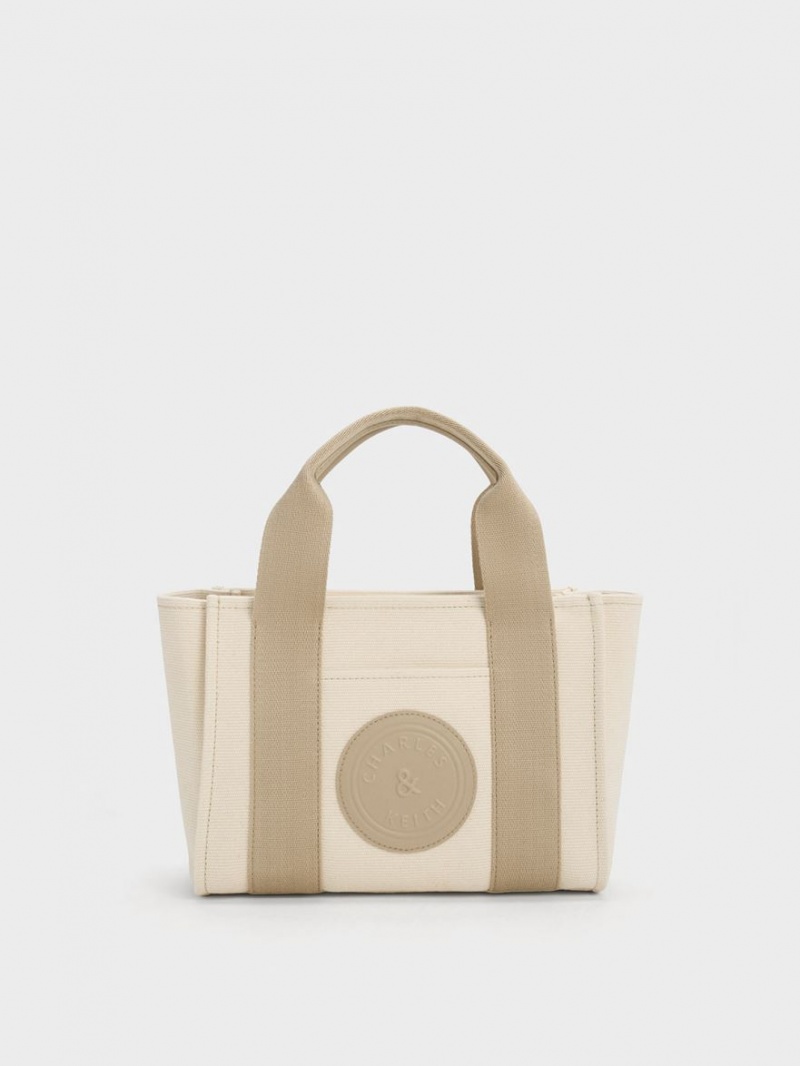 Charles & Keith Kay Canvas Contrast-Trim Tote Veske Beige | RZBXE4217