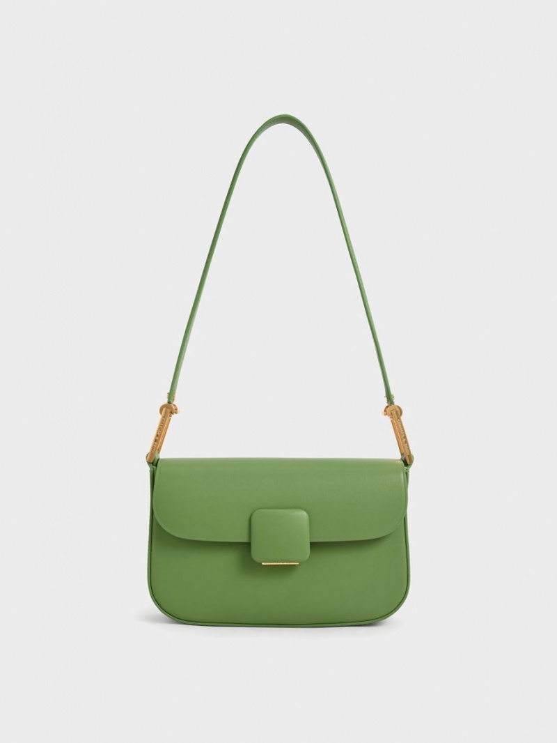 Charles & Keith Koa Square Push-Lock Skulderveske Grønn | GQJDS5173