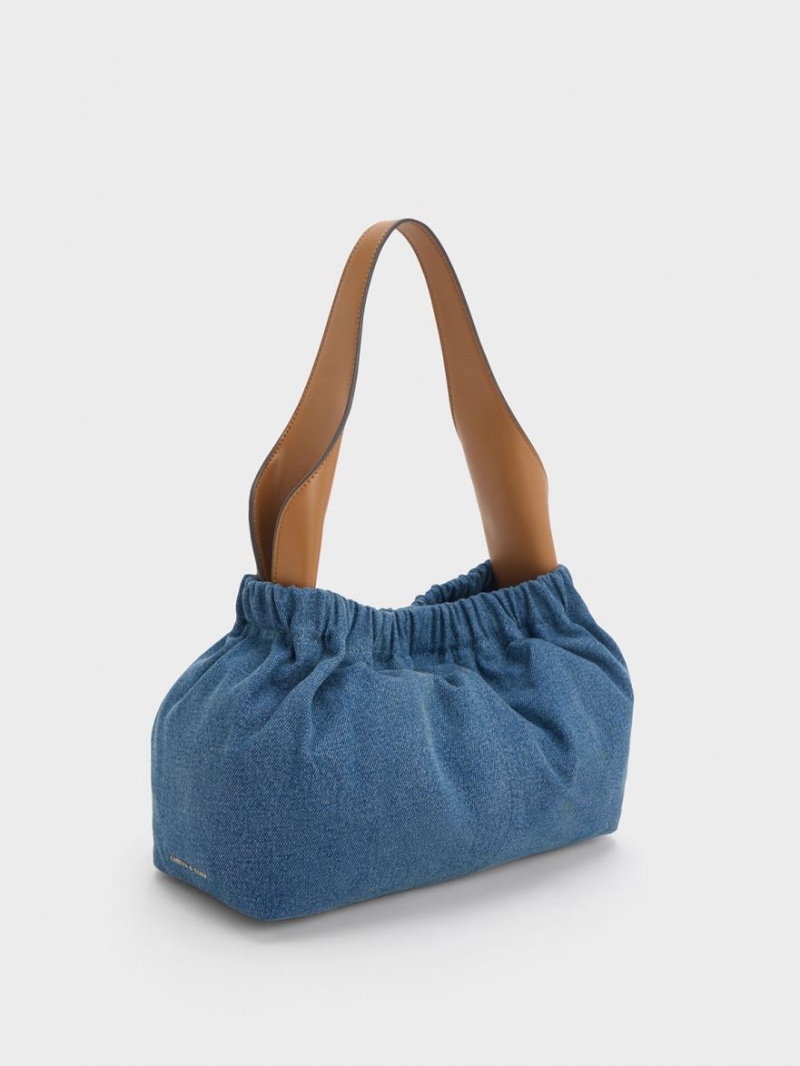 Charles & Keith Large Ally Denim Ruched Slouchy Tote Veske Blå | DJQIW9201