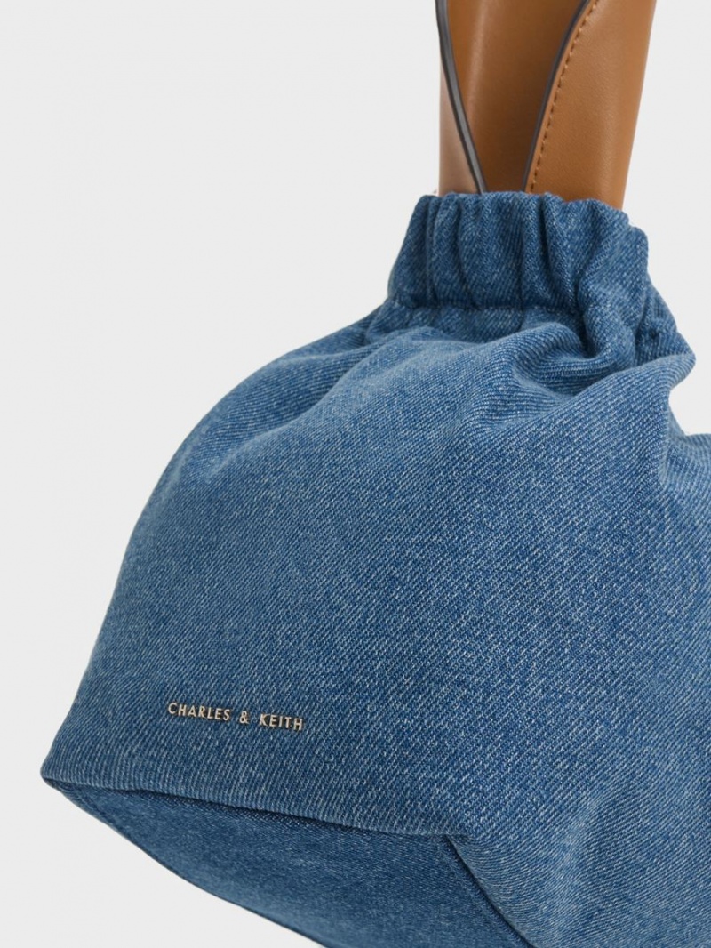 Charles & Keith Large Ally Denim Ruched Slouchy Tote Veske Blå | DJQIW9201