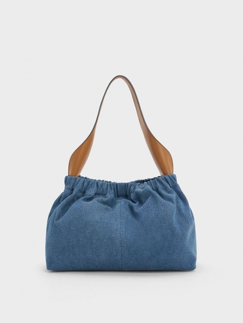 Charles & Keith Large Ally Denim Ruched Slouchy Tote Veske Blå | DJQIW9201