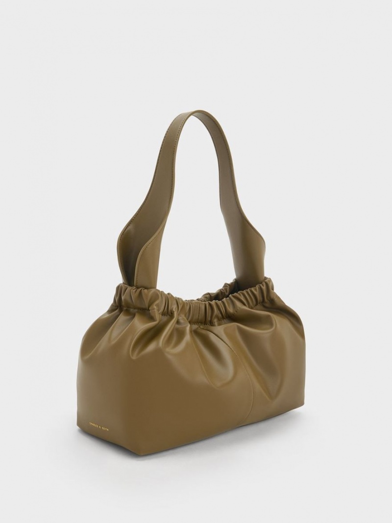 Charles & Keith Large Ally Ruched Slouchy Tote Veske Khaki | DTVKR7013