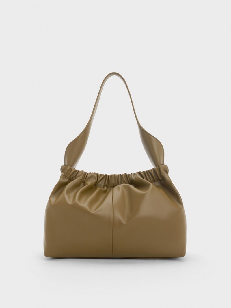 Charles & Keith Large Ally Ruched Slouchy Tote Veske Khaki | DTVKR7013