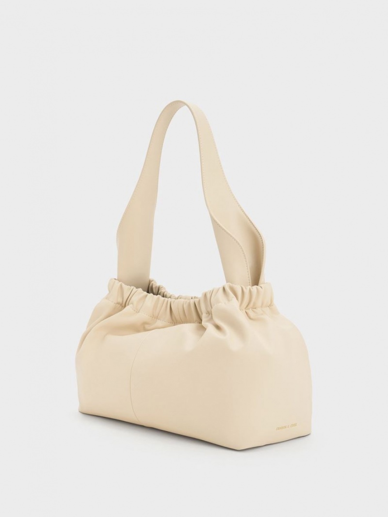 Charles & Keith Large Ally Ruched Slouchy Tote Veske Beige | NYKEB6280