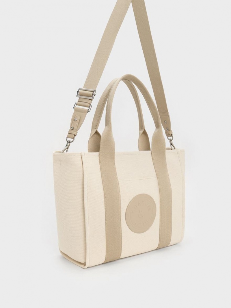 Charles & Keith Large Kay Canvas Contrast-Trim Tote Veske Beige | UXIMW6185