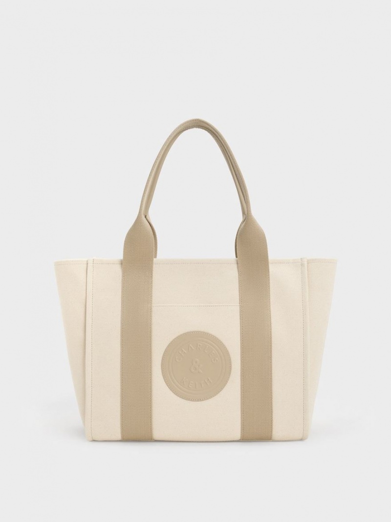 Charles & Keith Large Kay Canvas Contrast-Trim Tote Veske Beige | UXIMW6185