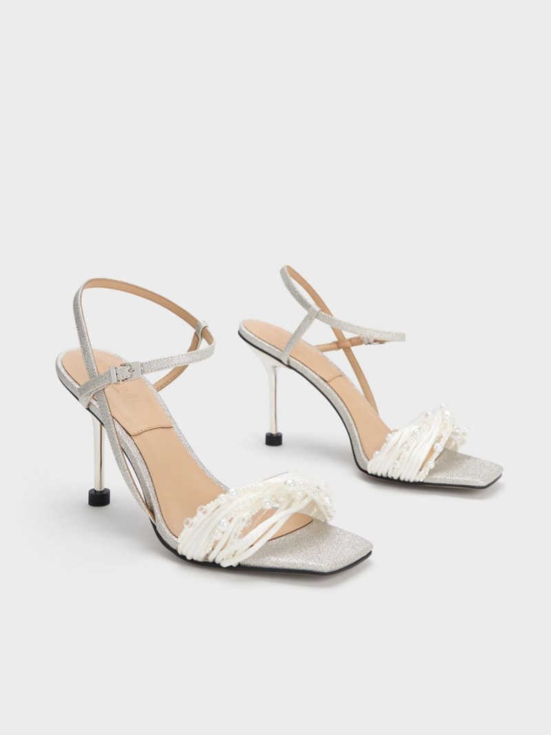 Charles & Keith Leda Beaded Asymmetric Glittered Sandaler med Hæl Sølv | QPKZO8759