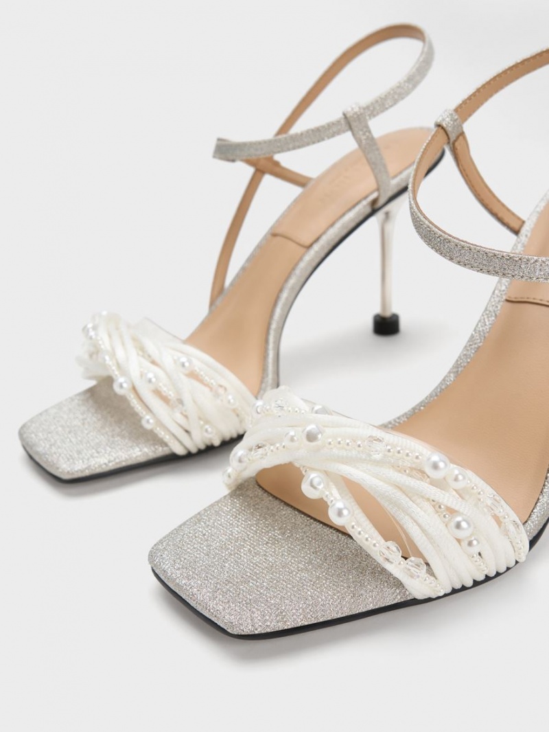 Charles & Keith Leda Beaded Asymmetric Glittered Sandaler med Hæl Sølv | QPKZO8759