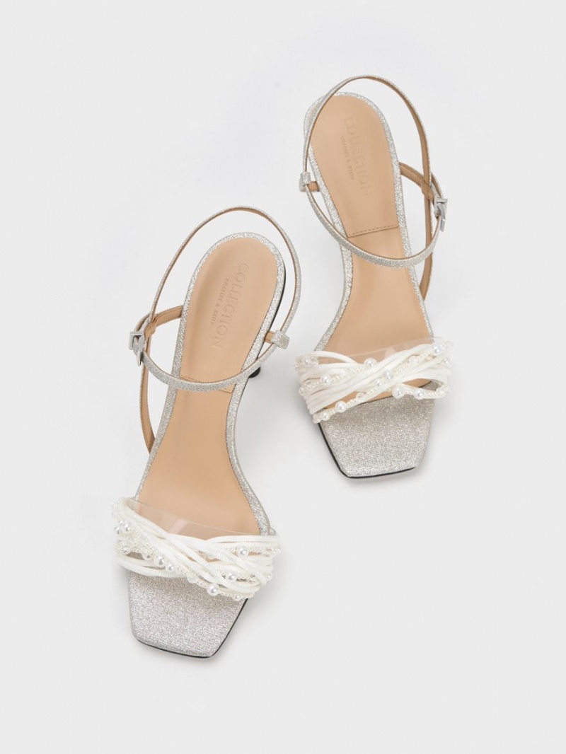 Charles & Keith Leda Beaded Asymmetric Glittered Sandaler med Hæl Sølv | QPKZO8759