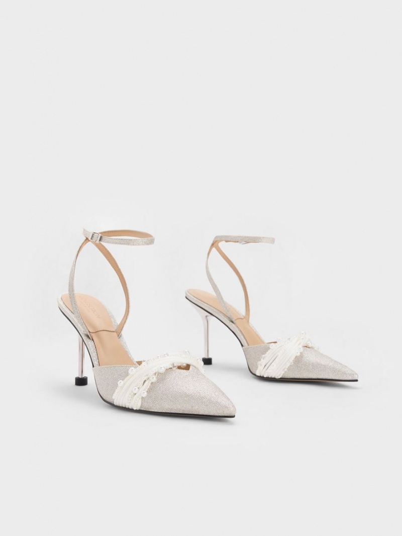 Charles & Keith Leda Beaded Glittered Ankle-Reima Pumps Sølv | HVJFX2170