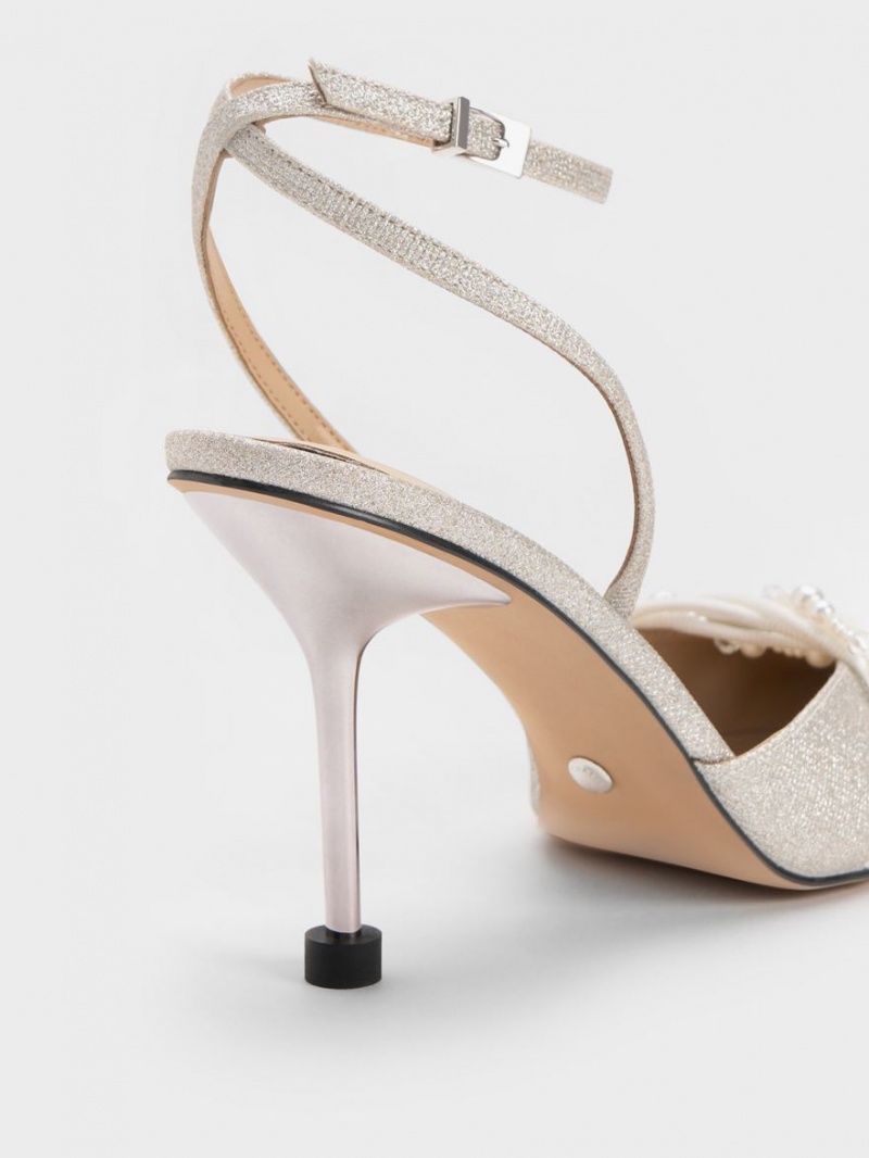 Charles & Keith Leda Beaded Glittered Ankle-Reima Pumps Sølv | HVJFX2170