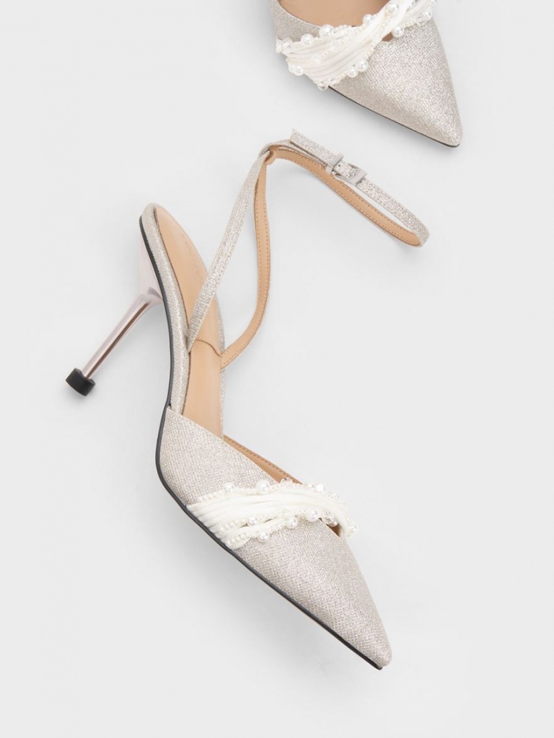 Charles & Keith Leda Beaded Glittered Ankle-Reima Pumps Sølv | HVJFX2170