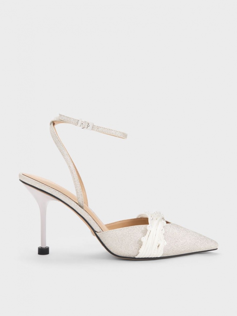 Charles & Keith Leda Beaded Glittered Ankle-Reima Pumps Sølv | HVJFX2170