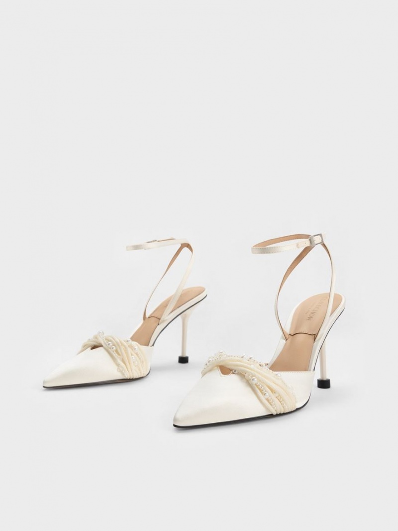 Charles & Keith Leda Beaded Satin Ankle-Reima Pumps Hvite | FBMWE5281