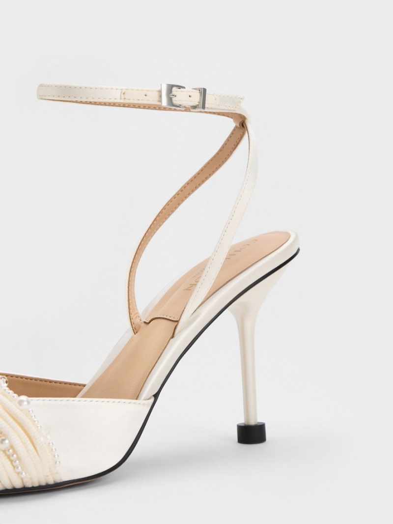 Charles & Keith Leda Beaded Satin Ankle-Reima Pumps Hvite | FBMWE5281