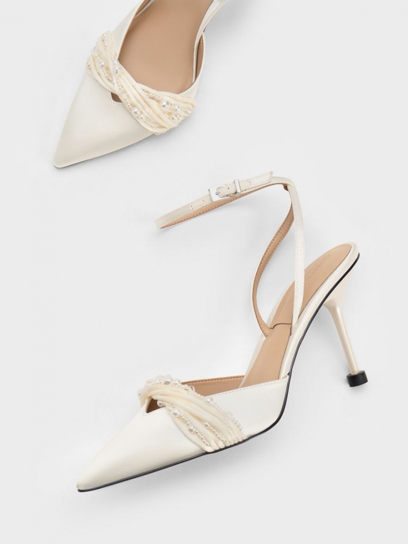 Charles & Keith Leda Beaded Satin Ankle-Reima Pumps Hvite | FBMWE5281