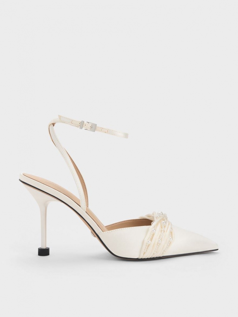 Charles & Keith Leda Beaded Satin Ankle-Reima Pumps Hvite | FBMWE5281