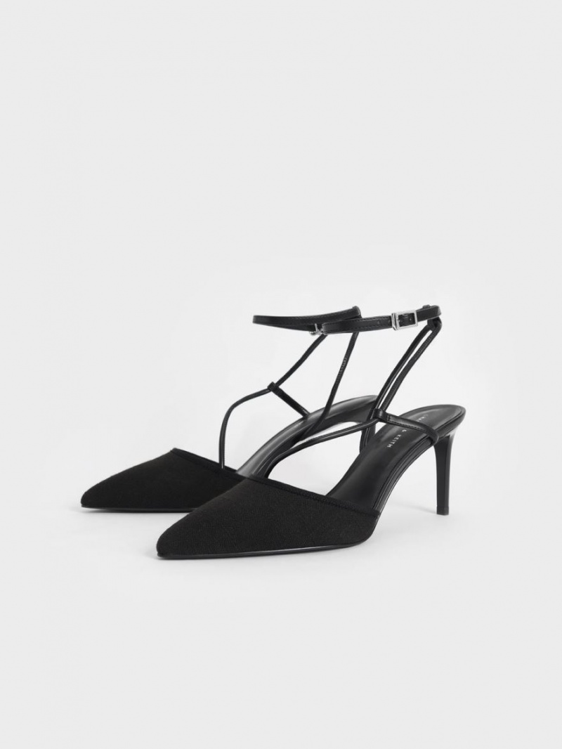 Charles & Keith Linen Asymmetric Pumps Svarte | LPSBG4051