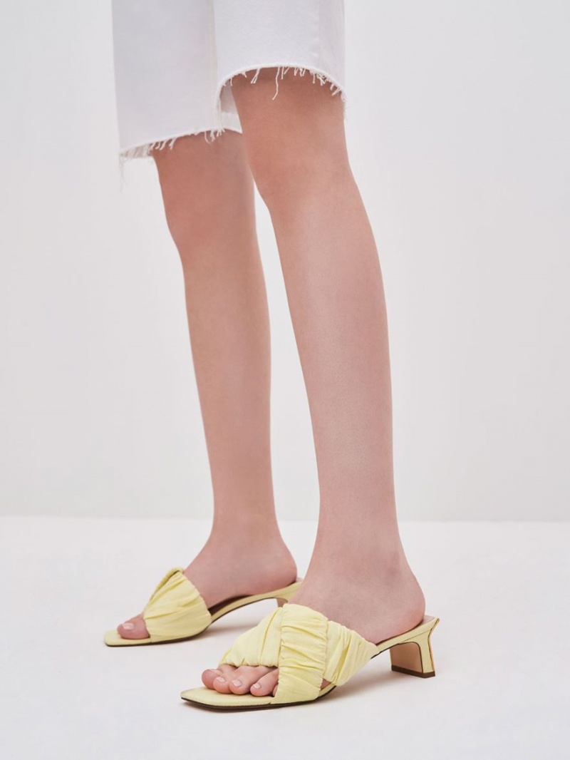 Charles & Keith Linen Asymmetric Ruched Mules Sko Gul | YZNGV9507