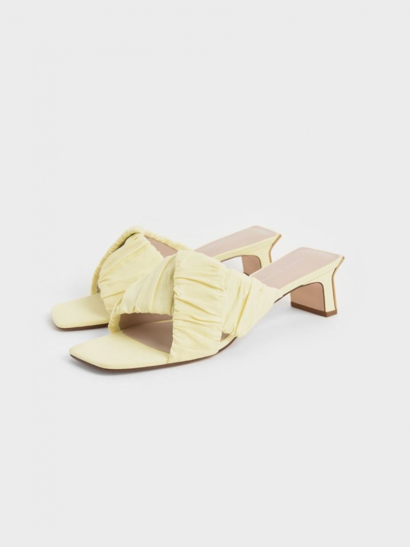 Charles & Keith Linen Asymmetric Ruched Mules Sko Gul | YZNGV9507