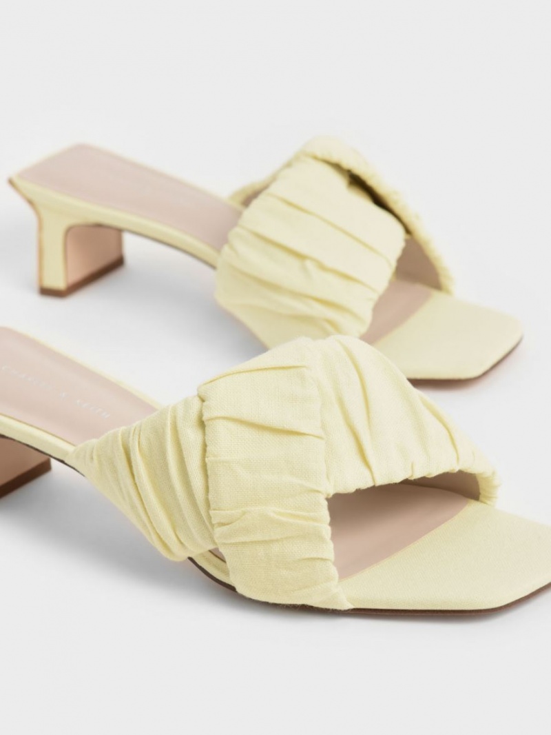 Charles & Keith Linen Asymmetric Ruched Mules Sko Gul | YZNGV9507