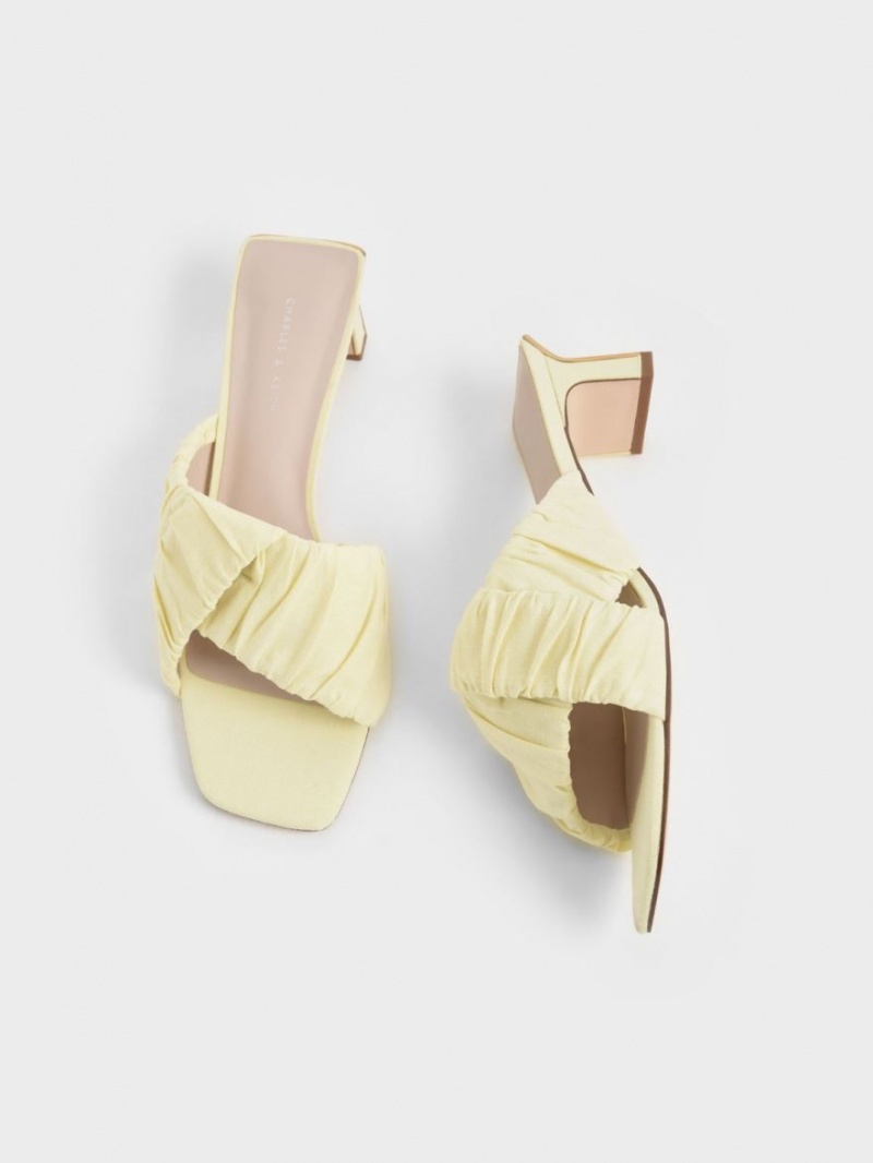 Charles & Keith Linen Asymmetric Ruched Mules Sko Gul | YZNGV9507