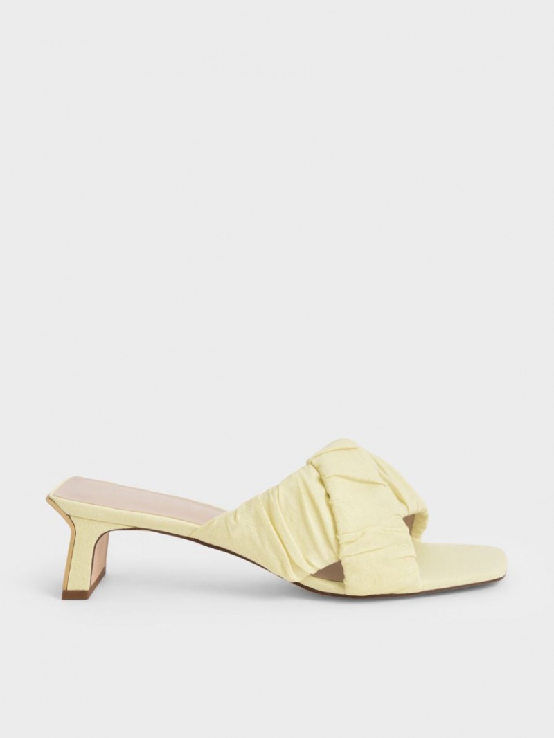 Charles & Keith Linen Asymmetric Ruched Mules Sko Gul | YZNGV9507