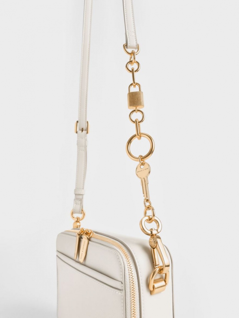 Charles & Keith Lock & Key Chain Håndveske Pisket Krem | QVFUD1508