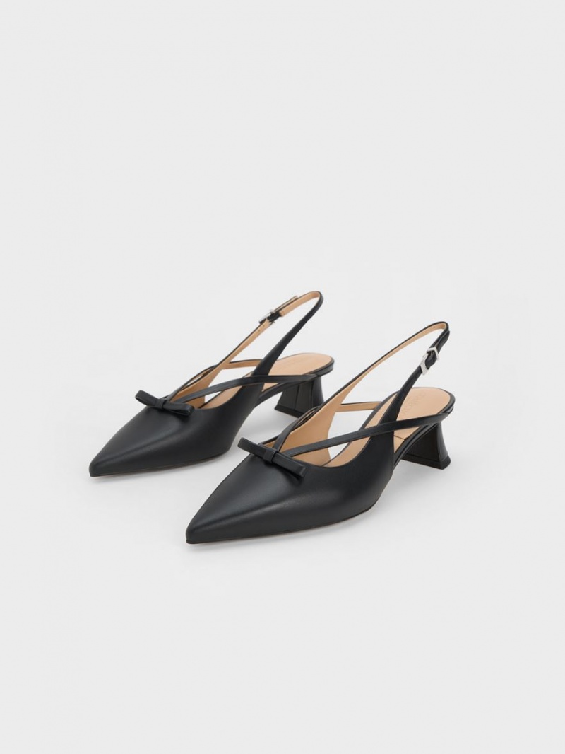 Charles & Keith Lær Bow Strappy Slingback Pumps Svarte | RYJFD7982