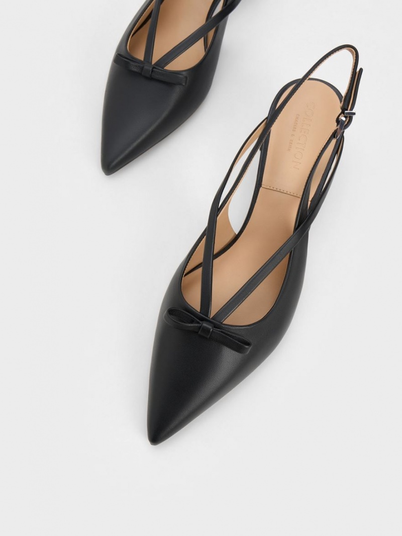 Charles & Keith Lær Bow Strappy Slingback Pumps Svarte | RYJFD7982