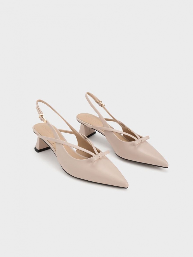 Charles & Keith Lær Bow Strappy Slingback Pumps Beige | MJGHR9124