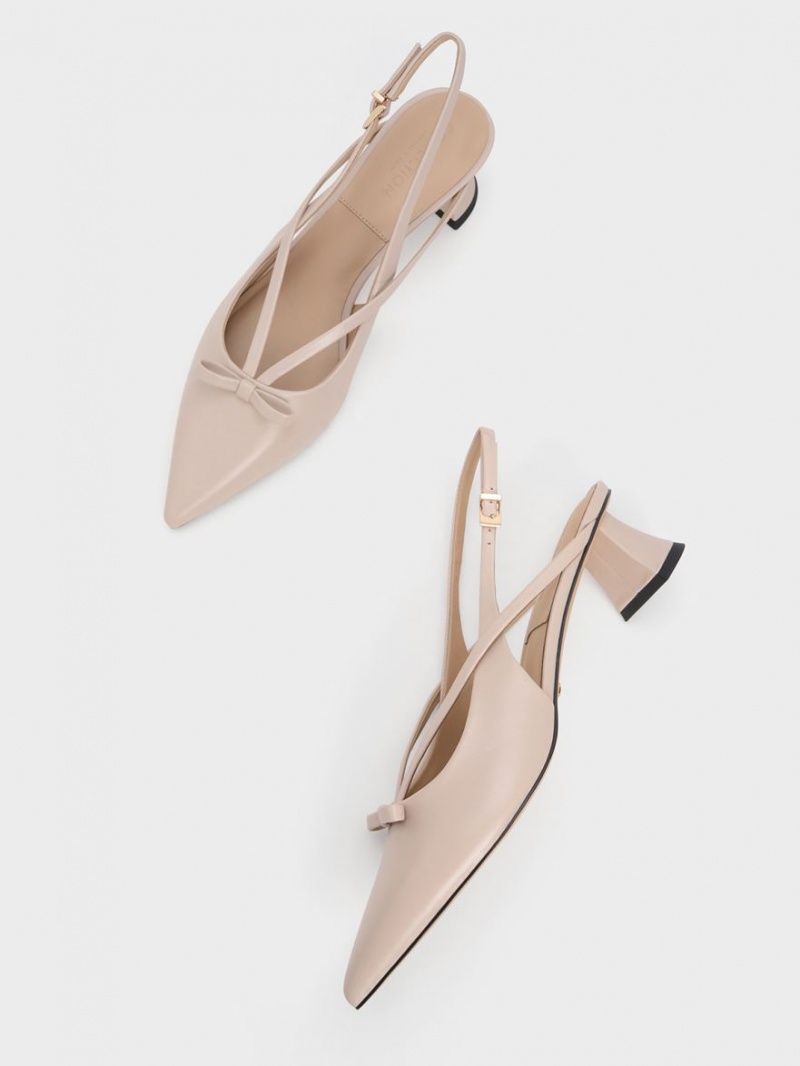 Charles & Keith Lær Bow Strappy Slingback Pumps Beige | MJGHR9124