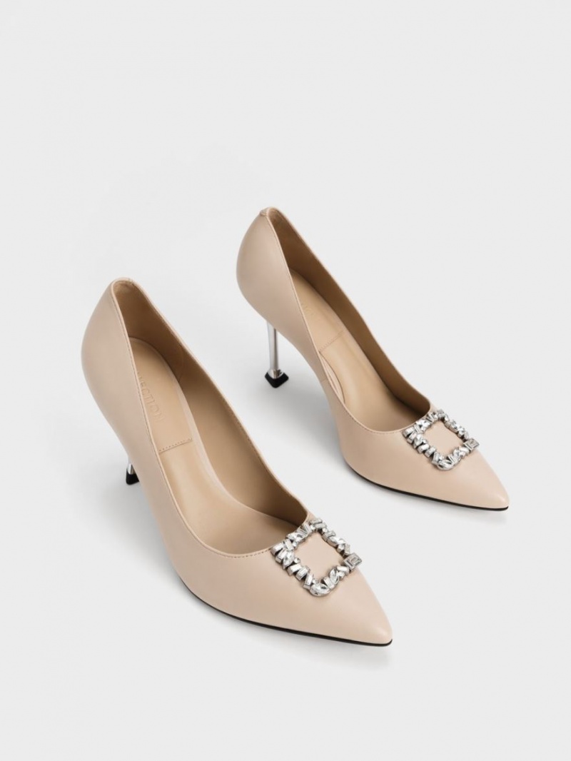 Charles & Keith Lær Gem-Embellished Pumps Beige | MLUOQ9732