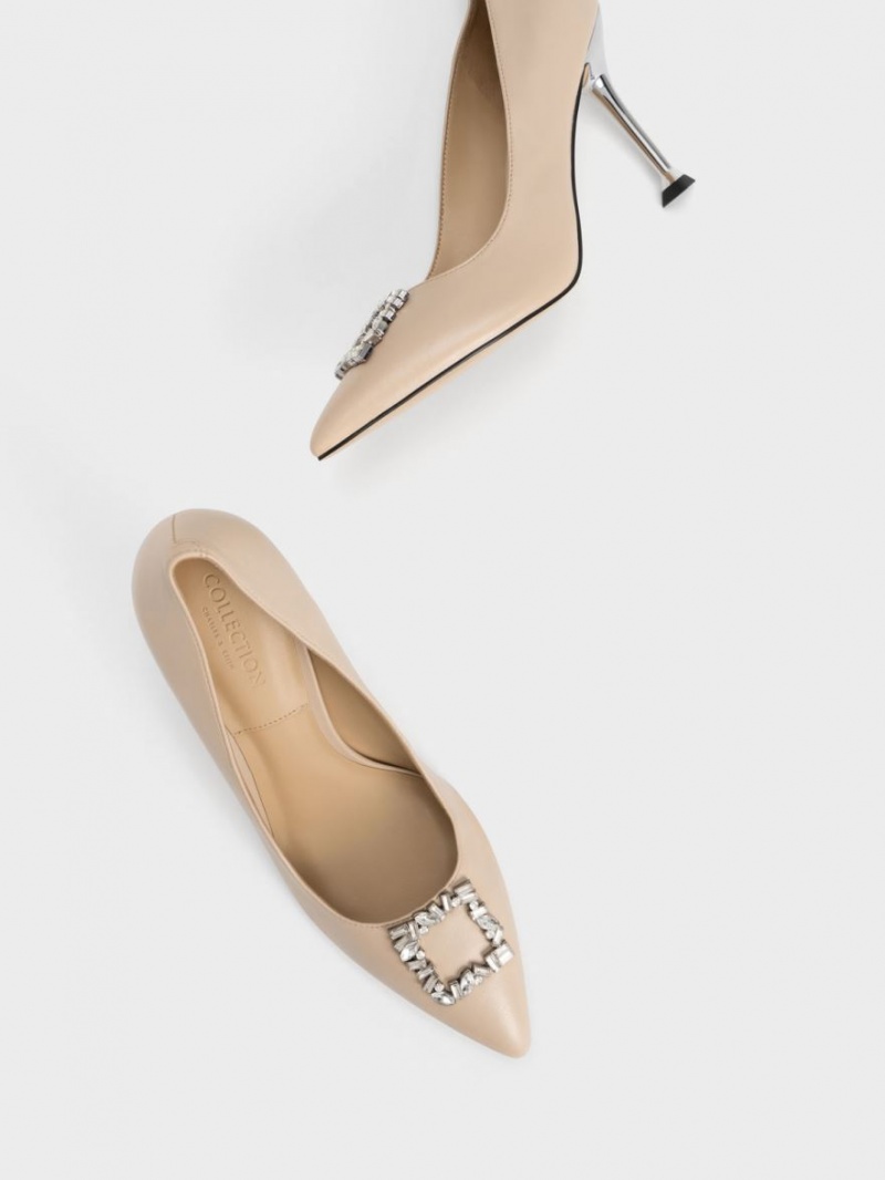 Charles & Keith Lær Gem-Embellished Pumps Beige | MLUOQ9732