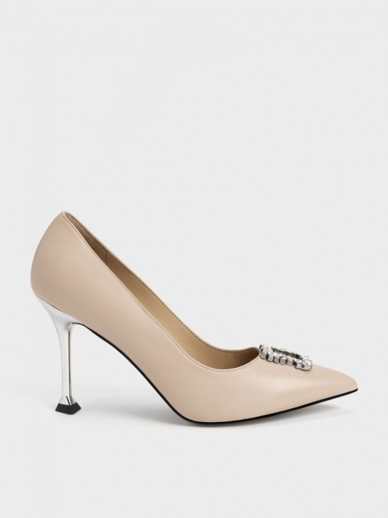 Charles & Keith Lær Gem-Embellished Pumps Beige | MLUOQ9732