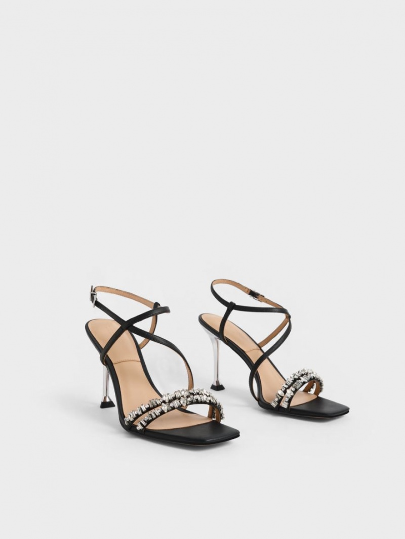 Charles & Keith Lær Gem-Embellished Sandaler Med Reim Svarte | QVPFA8694