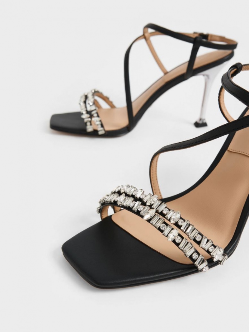 Charles & Keith Lær Gem-Embellished Sandaler Med Reim Svarte | QVPFA8694