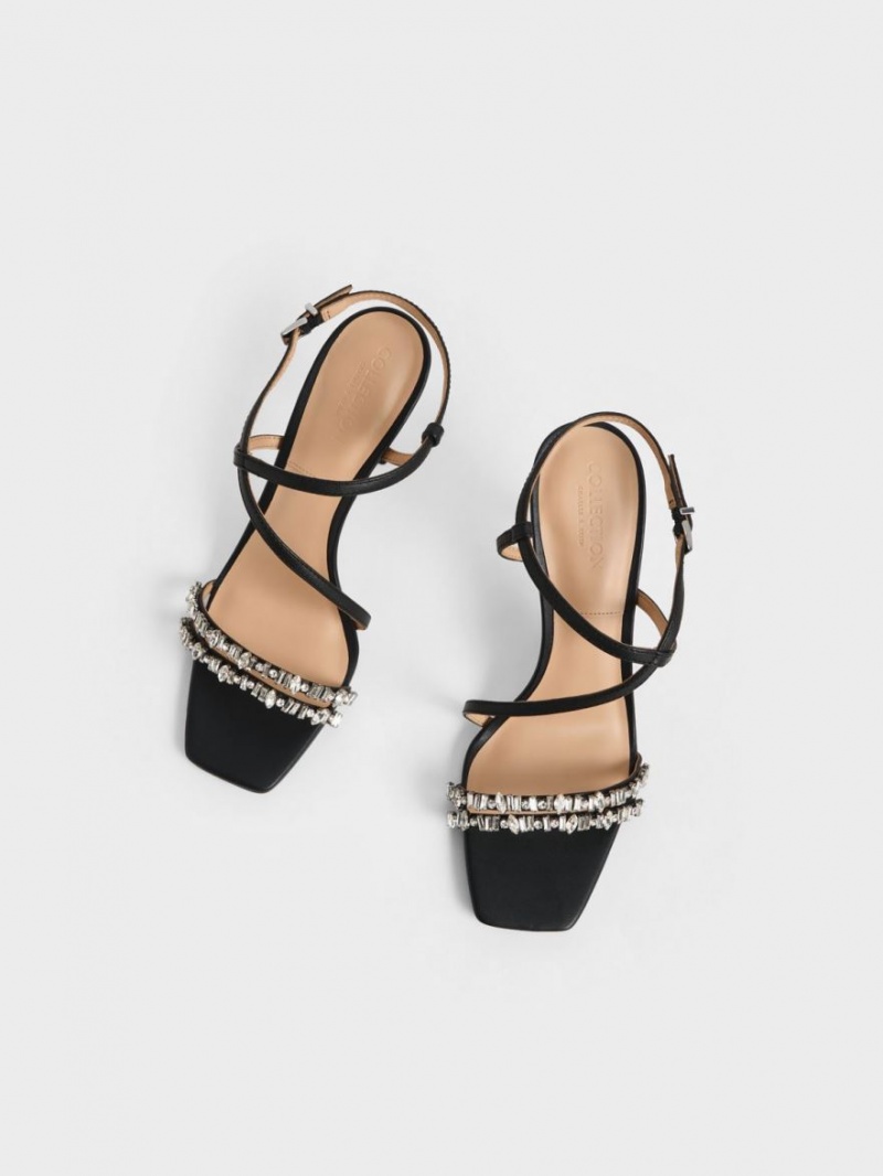 Charles & Keith Lær Gem-Embellished Sandaler Med Reim Svarte | QVPFA8694